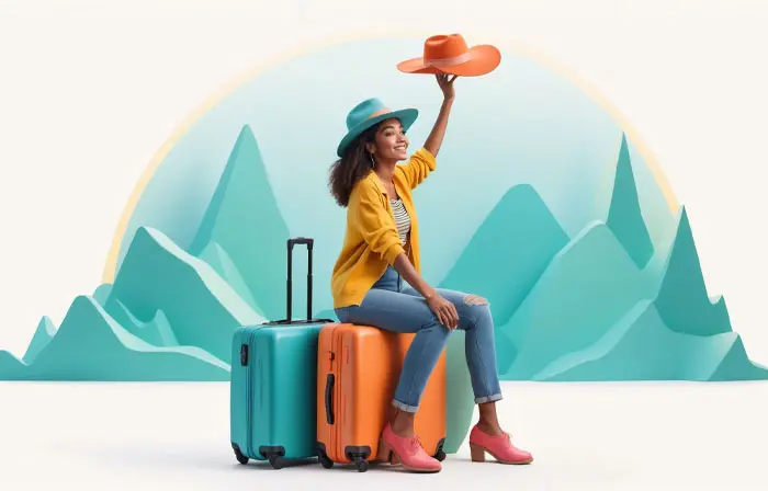 Beautiful Woman on the Pile of Suitcases 3D Character Illustration